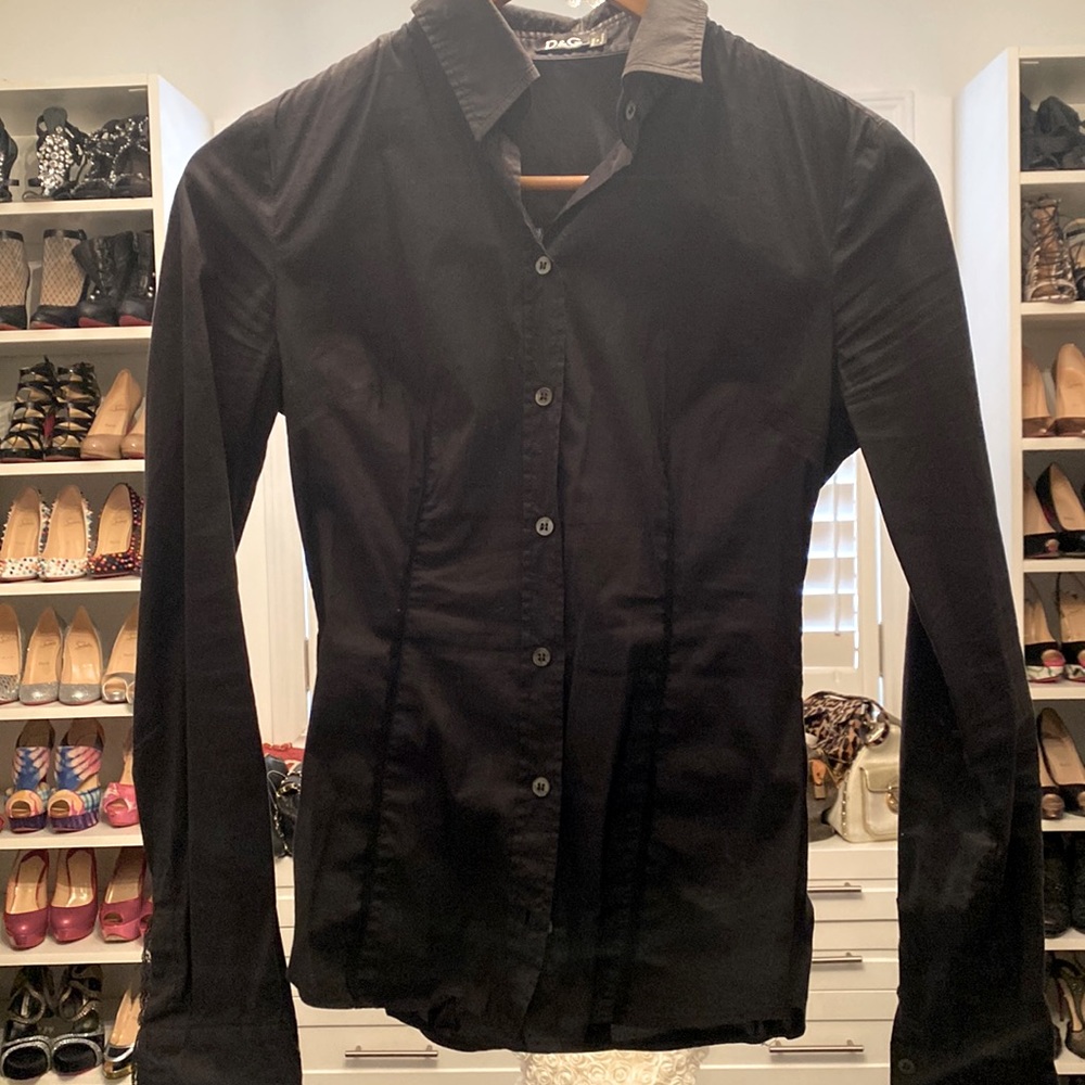 Dolce & Gabbana D&G black button down dress shirt lace edge cuffs sleeves 38